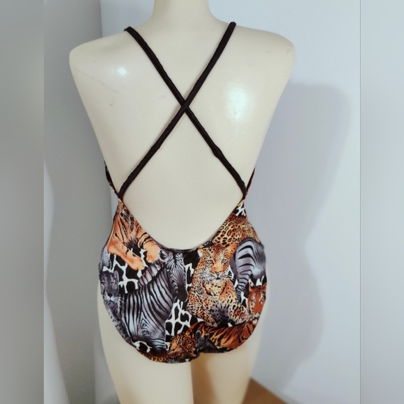 Safari animals Vintage one piece Swimsuit leotard body suit Back Out 80s S/M - Picture 4 of 7